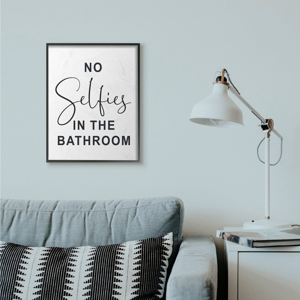 Stupell Industries No Selfies Funny Word Bathroom Black And White Design Framed Giclee Texturized Art by Lettered and Lined