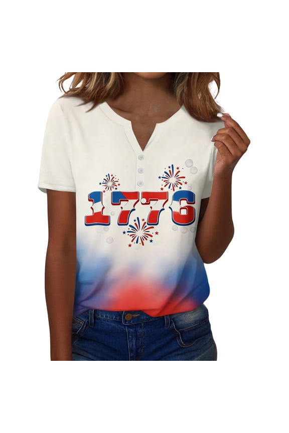 250th Anniversary USA Women's T-Shirt, Patriotic V-Neck Short Sleeve Top, 1776 Independence Day Henley Shirt, American Flag Stars and Stripes Commemorative Tee