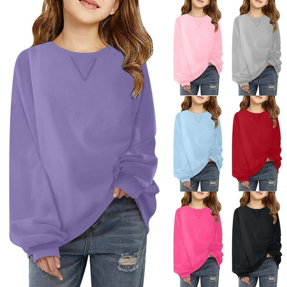 Zwiiyzr 2025 Girls Sweatshirt Long Sleeve Pullover Crop Tops Kids Fleece Sweatshirts For 5-14 Years Gray