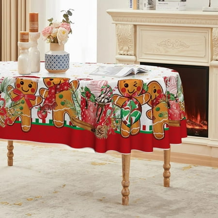 

Christmas Tablecloth 60×84 Inch Oval Gingerbread Man Cute Christmas Bear Ball Ornaments Washable Table Cover for Party Picnic Dinner Decor