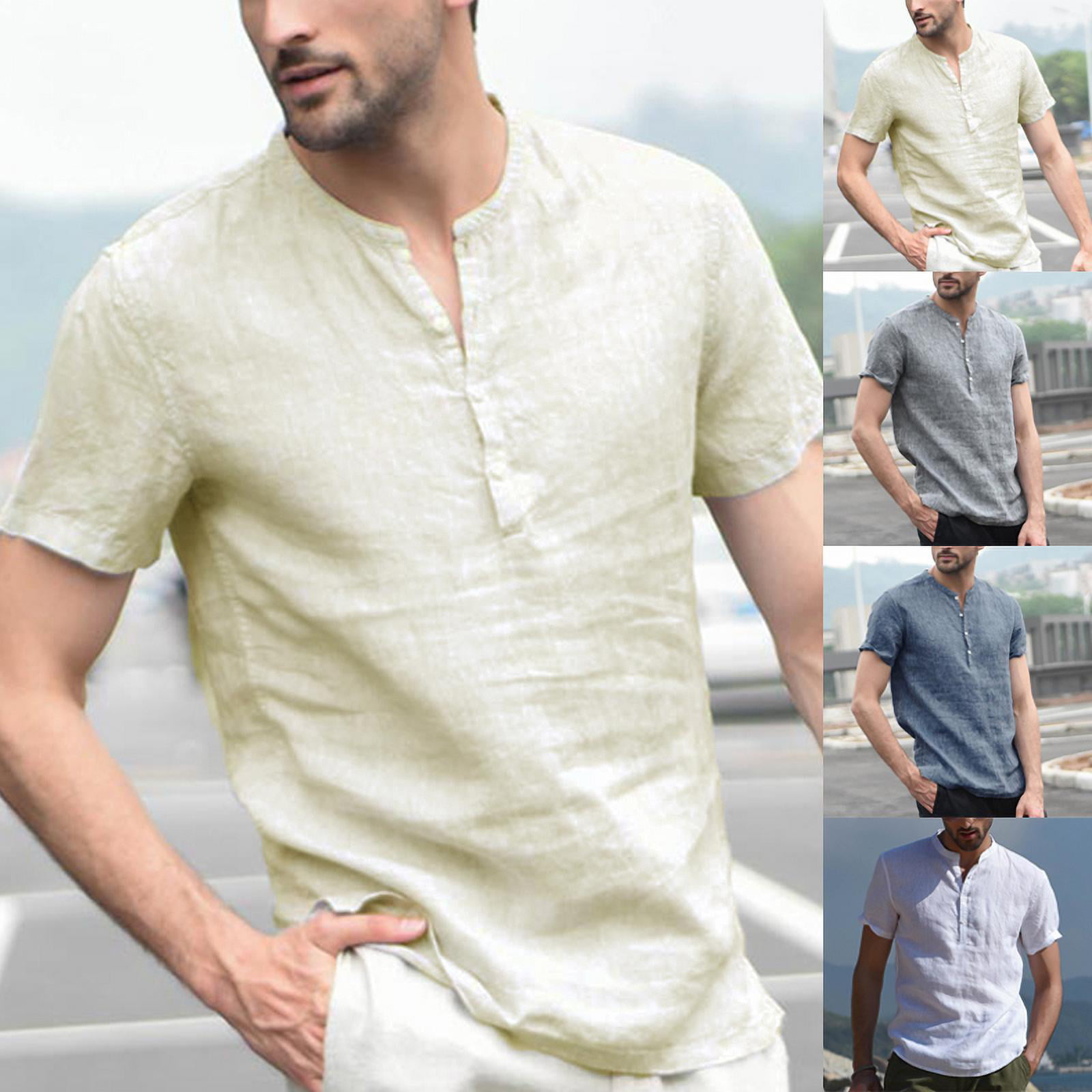 Zantt Mens Cotton Linen Short Sleeve Stand Collar Casual Solid Color Shirt