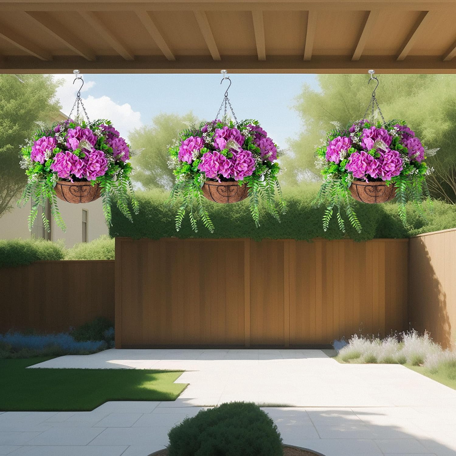 Artificial Flowers in Hanging Basket Planter for Home Spring Decoration, Silk Hydrangea Outdoor Indoor Arrangements, 12" Metal Coconut Lining Basket with Faux Plant(Champagne)