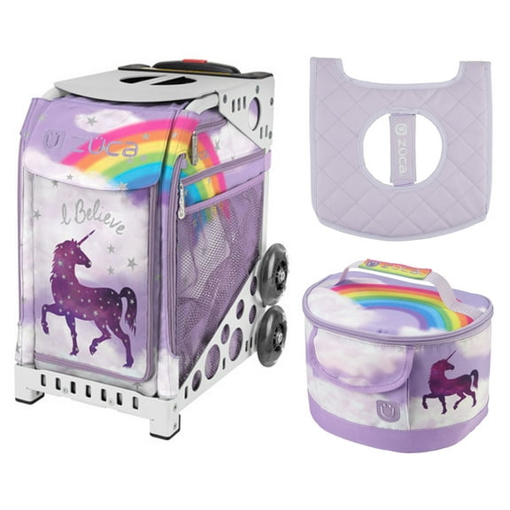 Zuca 18" Sport Bag - (Unicorn 2) with Lunchbox and Zuca Seat Cover (White frame)