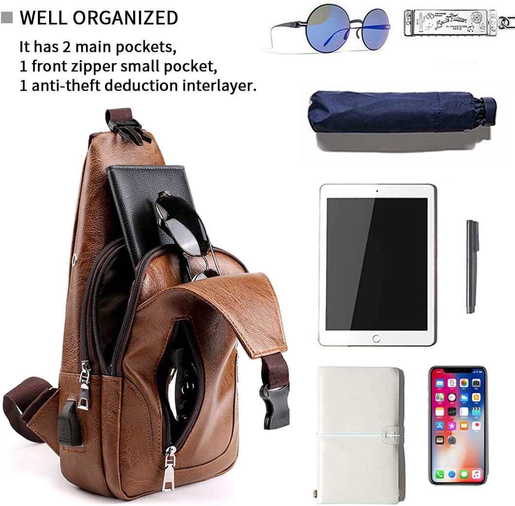 Men Sling Bag Anti Theft Shoulder Bag Small Leather Crossbody Sling Backpack with USB Charge Port