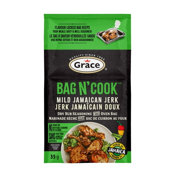 Grace Bag n' Cook Marinade Sèche avec Sac de Cuisson au Four Jerk Jamaïcain Doux 35 g Saveur d'assaisonnement sèche et douce, avec un sac verrouillé qui garde vos repas juteux et bien assaisonnés !
