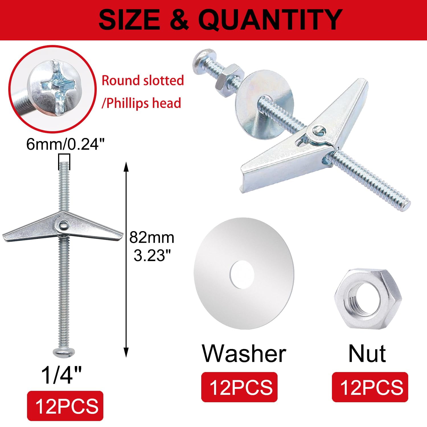 100Pcs Toggle Bolts Heavy Duty Drywall Anchors and Screws Kit, 3 Sizes 1/8" 3/16" 1/4" Hollow Wall Anchors, Toggle Bolts and Wing Nut Kit with Nuts Washers (25Sets)