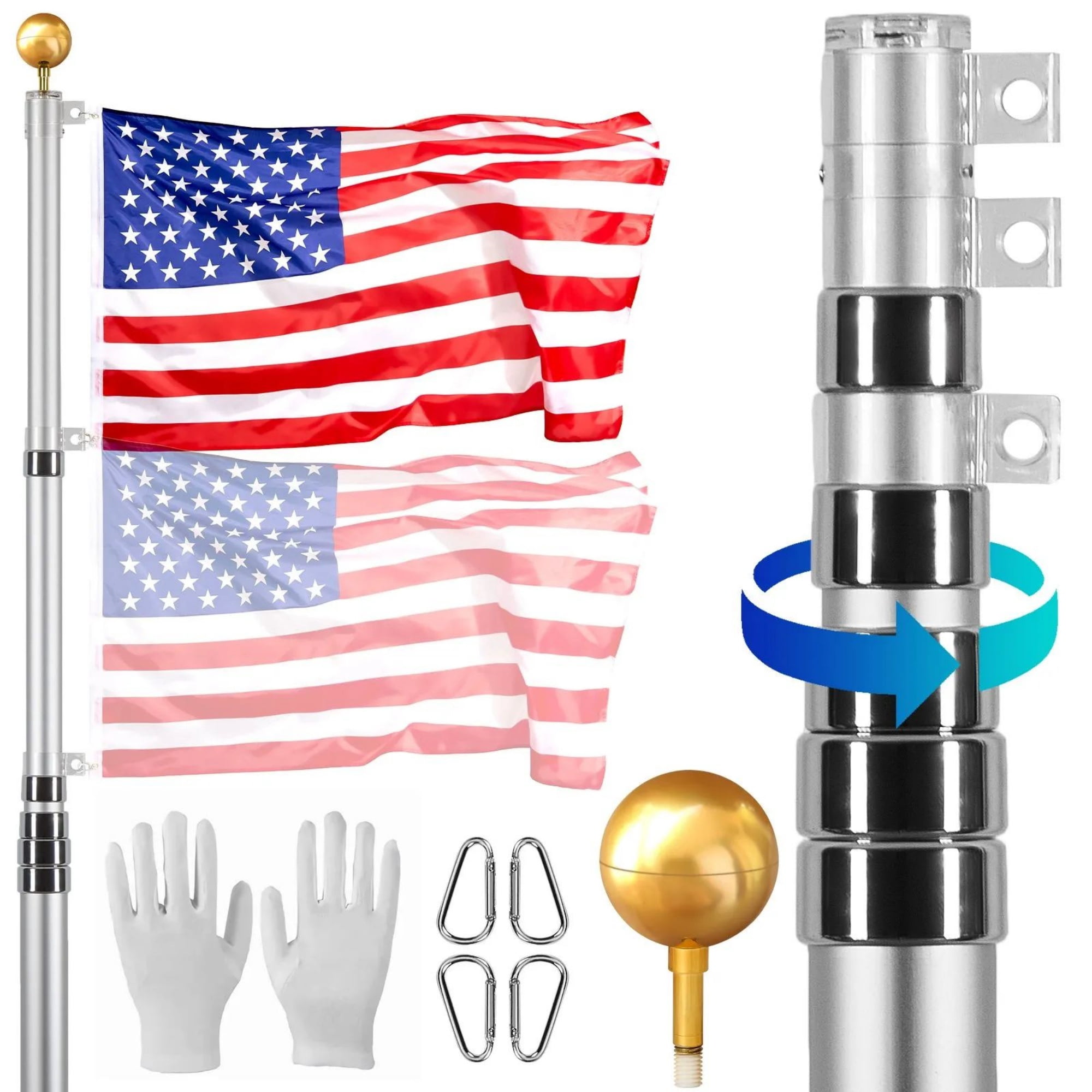 30FT Telescoping Flagpole Kit, Heavy Duty Aluminum In-Ground Flag Pole with 3 Display Modes, Includes 3x5 American Flag & Professional Accessories, Silver