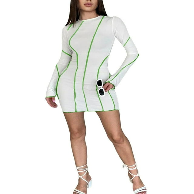Women Casual Bodycon Dress Contrast Color Crew Neck Long Flare Sleeve Ribbed One-Piece Dress