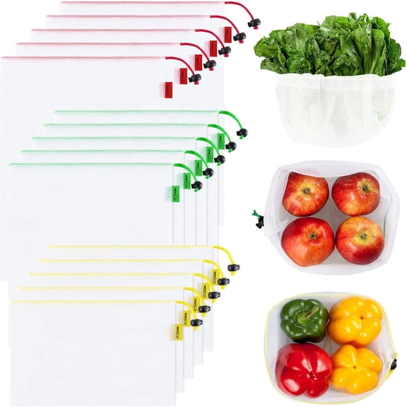 ZHUYING 18 Pack Reusable Produce Mesh Bags for Grocery Shopping,Fruits,Vegetable, 3 Sizes Washable Produce Bags with Colorful Drawstring Tare Weight Tags, 6 Small 6 Medium & 6 Large,White