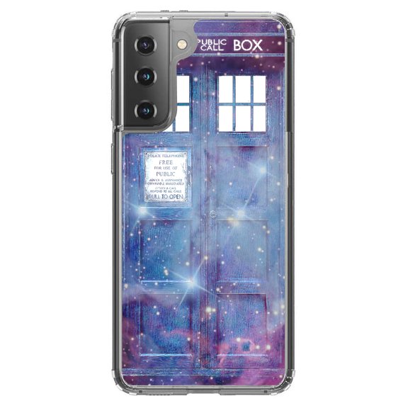 DistinctInk Clear Shockproof Hybrid Case for Galaxy S21  PLUS 5G (6.7" Screen) - TPU Bumper, Acrylic Back, Tempered Glass Screen Protector - Fading TARDIS Outer Space Stars