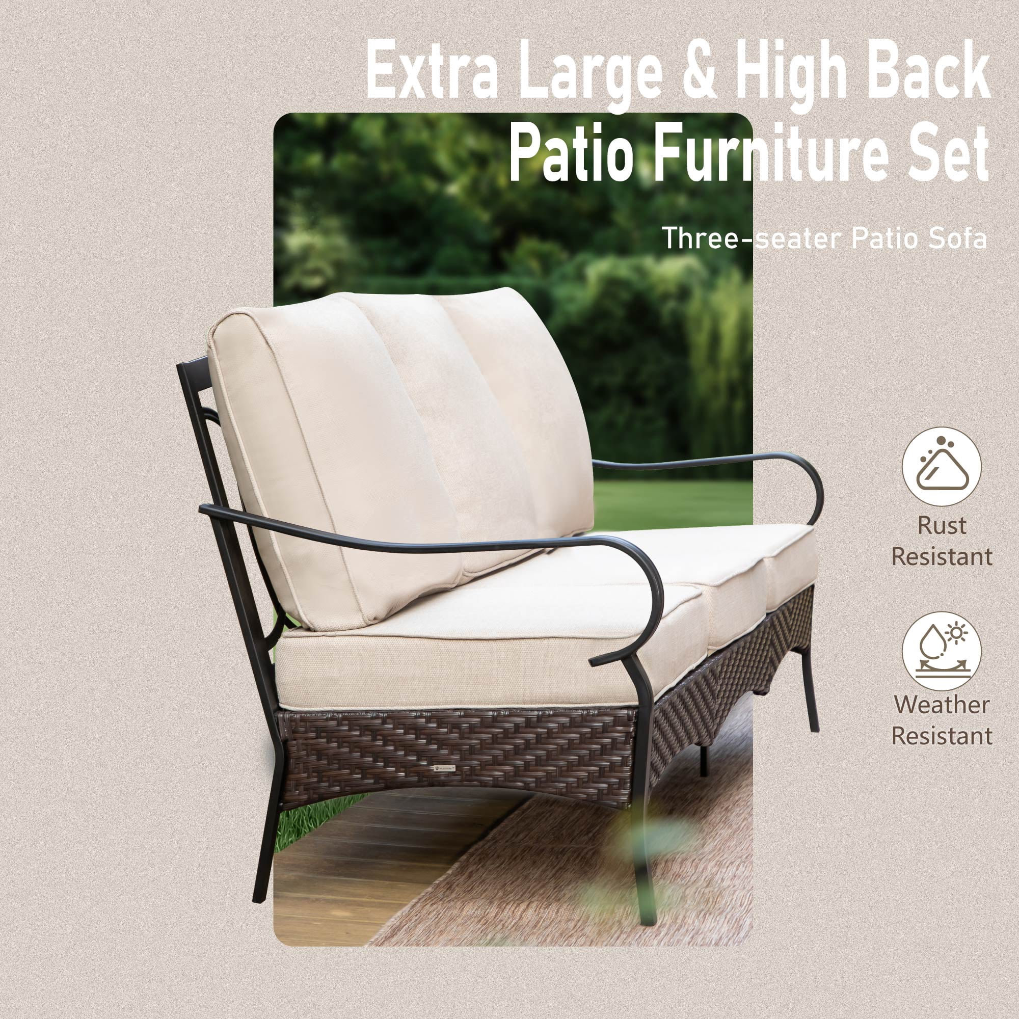 9-Seat Outdoor Patio Conversation Furniture Set with 3-Seat Sofa, Love-Seat Sofa, Fixed Lounge Chair, Ottomans and Wood-Grain Coffee Table, Beige