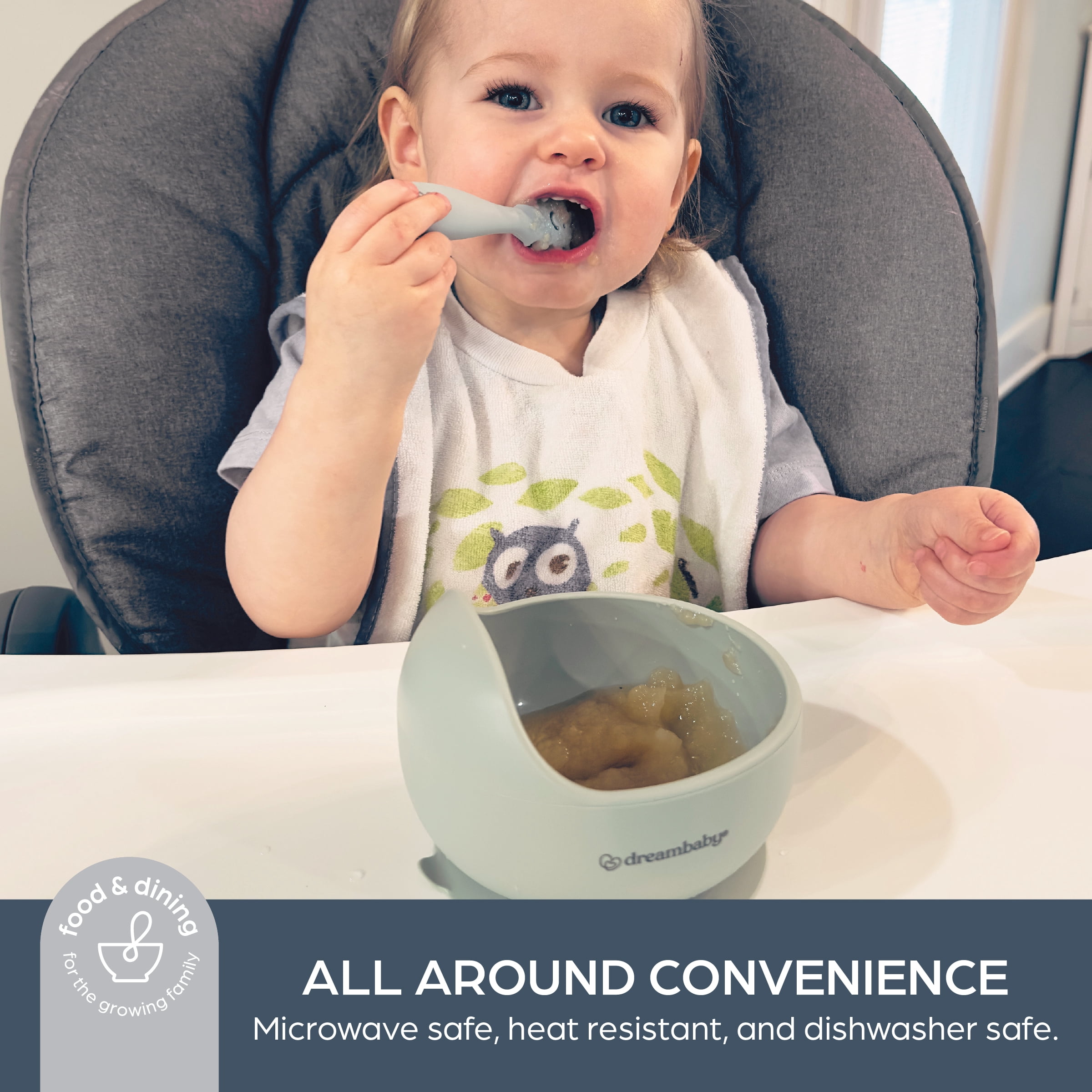 Dreambaby Silicone Suction Scooper Bowl - High Edge for Self Feeding - 100% Food Grade Silicone Bowl for Baby Led Weaning- Seafoam Green