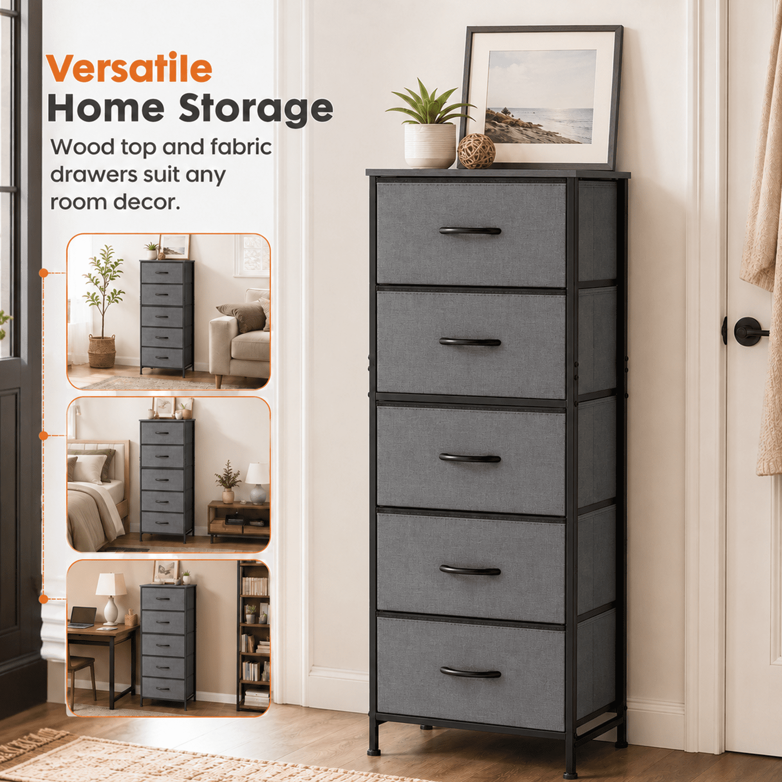 Alvantor Tall Dresser for Bedroom with 5 Drawers, Vertical End Table and Nightstand for Bedroom, Storage Organizer Chest of Drawers with Removable Fabric Bins