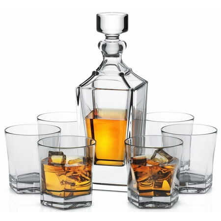 Miko Crystal Whiskey Decanter Set With 6 Double Old Fashioned Whiskey Glasses -