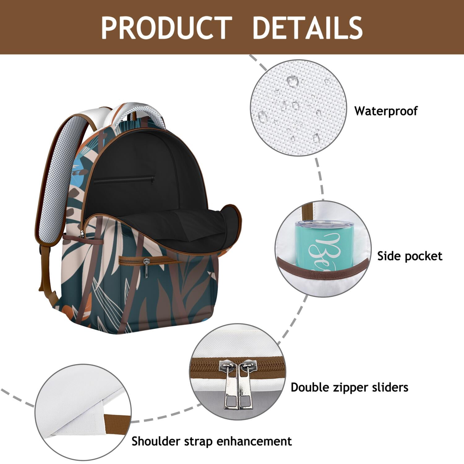 Botanical Jungle Leaves Waterproof School Backpack, Breathable Comfort & Spinal Support Design for Students
