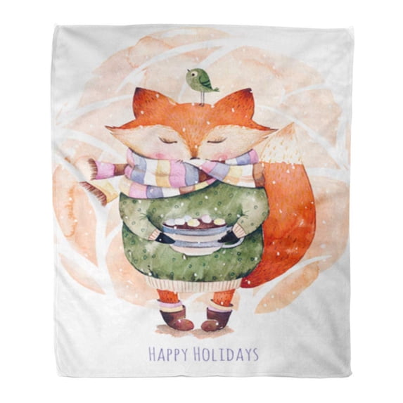KDAGR Throw Blanket Warm Cozy Print Flannel Cute Little Fox Just Like to Drink Hot Coffee Watercolor and Bird in Cristmas Comfortable Soft for Bed Sofa and Couch 58x80 Inches
