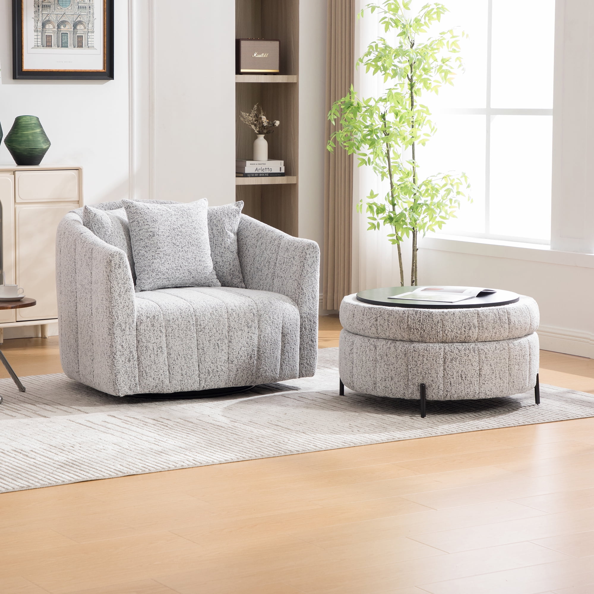 39"W Oversized 360° Swivel Accent Chair Set with Storage Ottoman and Pillow
