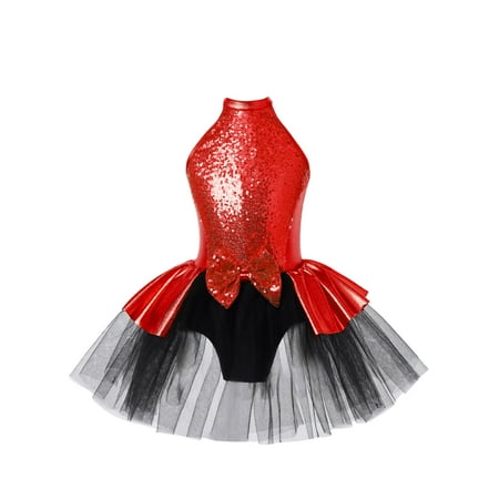 renvena Kids Girls Sequin Ballet Tutu Dress Leotard Dress Modern Jazz Latin Hip Hop Dance 6-16 Red 10