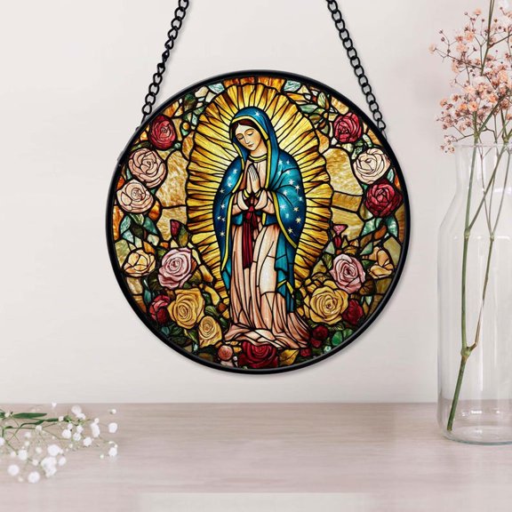 Virgin Mary Faux Stain Glass Suncatcher, Our Lady of Guadalupe Window Hanging, Religious Wall Decor Virgin Guadalupe Art God Home Decoration