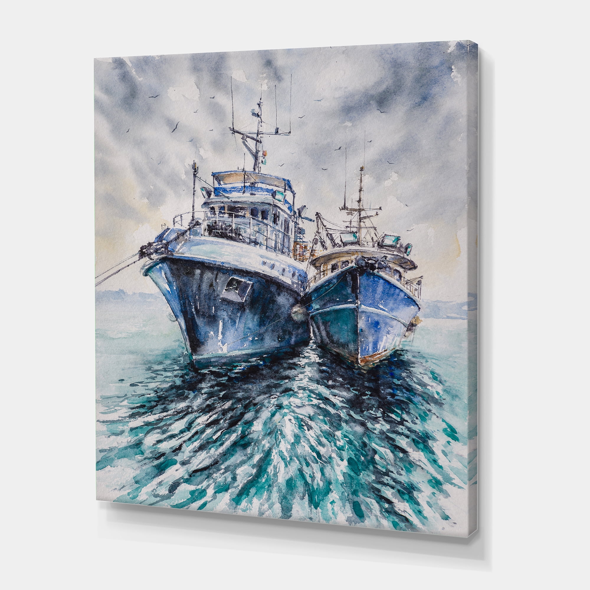Blue Fishing Boats Before A Storm Anchored 12 in x 8 in Painting Canvas Art Print, by Designart
