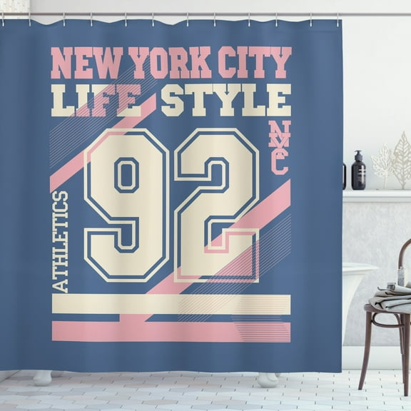 Number Shower Curtain, New York City Life Style 92 Athletics Sports Vintage Graphic Art Print, Fabric Bathroom Set with Hooks, 69W X 84L Inches Extra Long, Blue Cream and Pale Pink, by Ambesonne