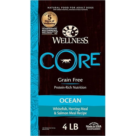 Wellness CORE Grain-Free High-Protein Dry Dog Food, Natural Ingredients, Made in USA with Real Meat, All Breeds, For Adult Dogs (Ocean Whitefish, Herring & Salmon, 4-Pound Bag)