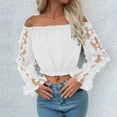 thumbnail image 3 of Long Sleeve Shirts for Women Y2k Floral Mesh Patchwork Off Shoulder Ruffle Trim Cropped Blouse Top, 3 of 5