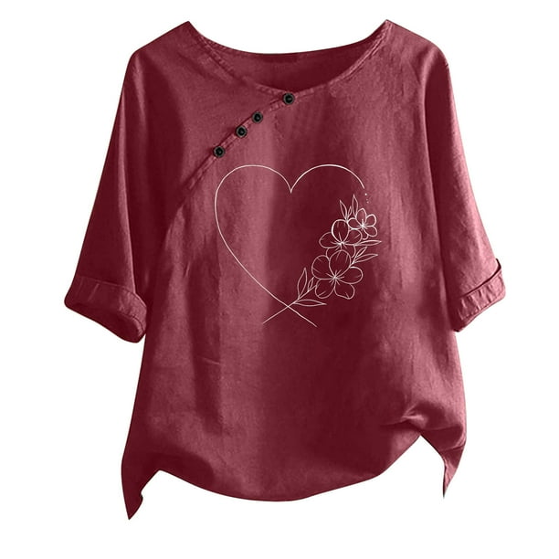 Blusas de Manga Corta para las Mujeres Impreso Cuello Redondo Camiseta, Top de Algodón de Imitación Casual para el Hogar Y Diario