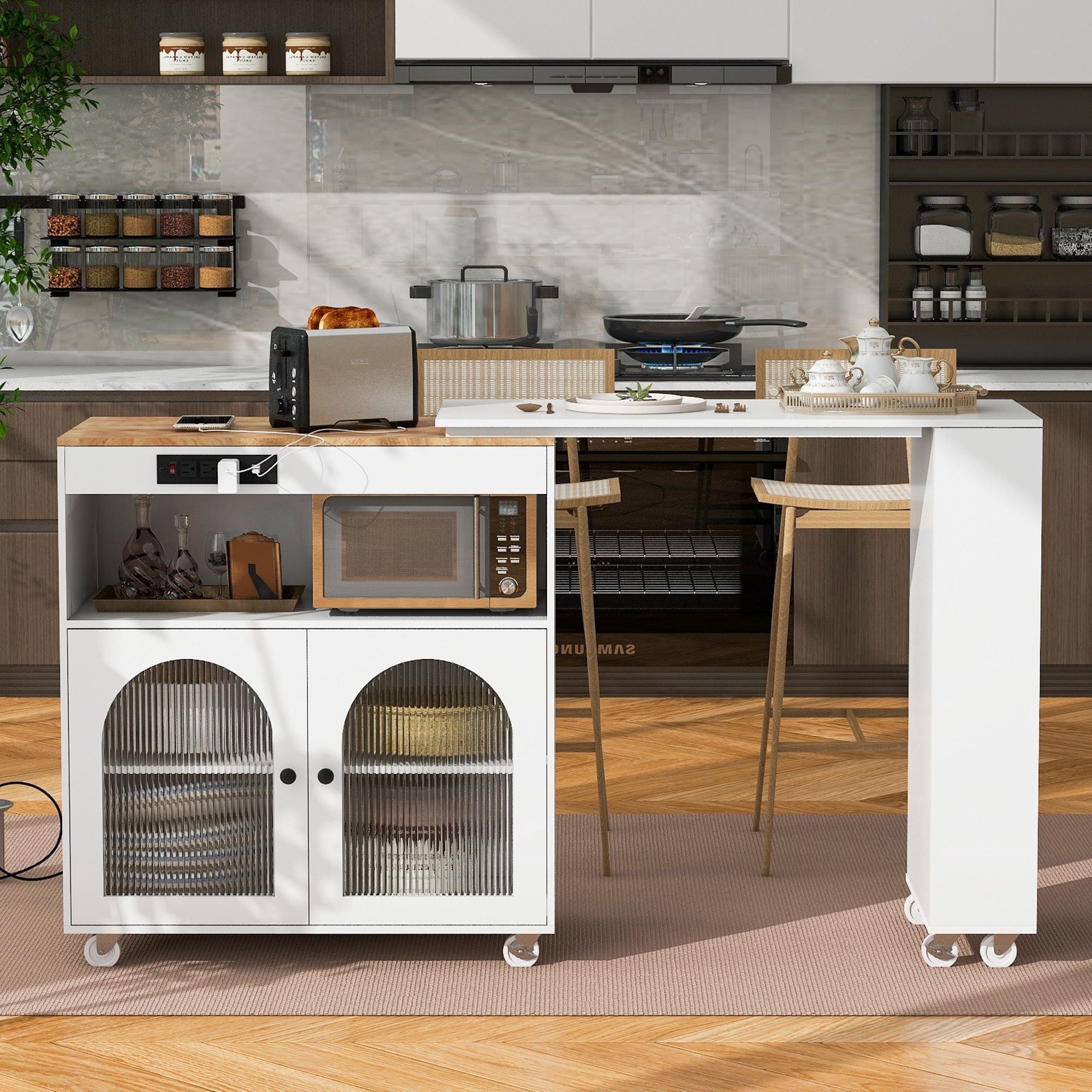 Alvantor 73.5" Rolling Kitchen Island with Extendable Table, LED Lights, Power Outlets, White