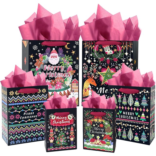 qiqee 10-Packs Christmas Bags with Handles 6 Designs Cardboard Gift Bags with Tissue Paper Assorted Sizes(2 Large 12", 4 Medium 11", 4 Small 8")