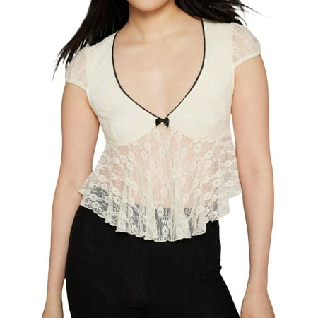 Gupgi Women Basic Lace T-Shirt Summer Sheer V-Neck Babydoll Short Sleeve Tops for Streetwear Aesthetic Grunge Clothes