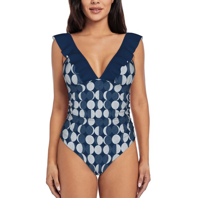 Moon Phases / Repeat Pattern One Shoulder Ruffle Swimsuits One Piece Swimsuit Women Swimwear Beach Bathing Wear Moon Phases
