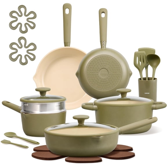 Carote 16Pcs Ceramic Cookware Sets, Nonstick Pots and Pans Set W/ Detachable Handle, Oven & Dishwasher Safe, Dark Green