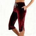 thumbnail image 2 of Velvet Pants Women Dressy Drawstring Elastic Waist Capri Pants Solid Color Loose Trousers with Open Leg Casual Lounge Wear, 2 of 7
