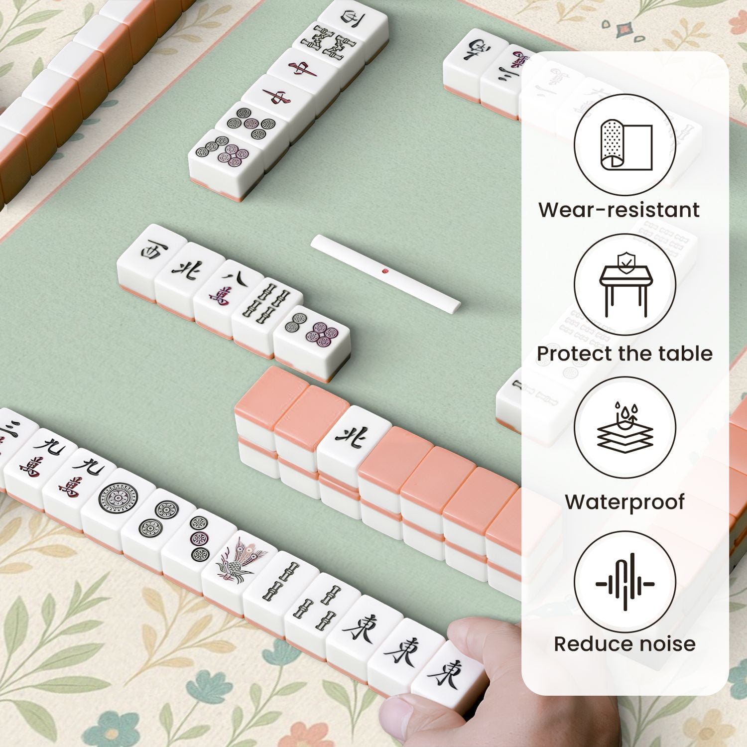 Mahjong Mat 31.5" x 31.5" Elegant Floral Border Peacocks Soft Pastel Colors Anti-Slip and Noise Reduction Symmetry Design Mahjong Tiles Table Cover for Dominoes Poker Card Board and Tile Games