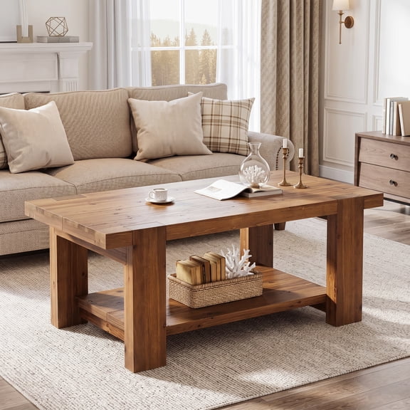 Fnova 47" Solid Wood Coffee Table, Farmhouse Rectangular Center Table with 2-Tier Storage Shelf, Rustic Brown Living Room Table, 350 lb Capacity