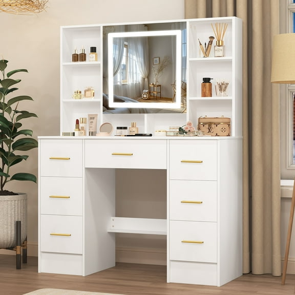 Caulitar Large White Makeup Vanity Table with LED Lighted Mirror, 7 Drawers & 6 Shelves Storage, Adjustable Brightness, dressing table for Bedroom