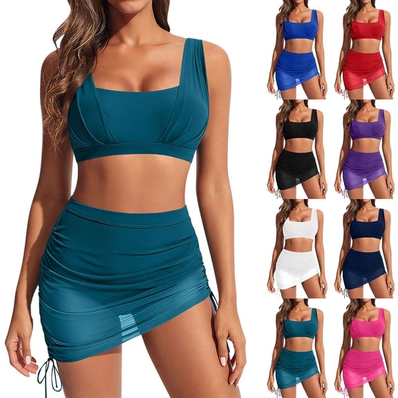Abomasnow Women's 2 Piece Swimsuits Set Sleeveless Square Neck Cropped Tank Tops High Waisted Bathing Suit with Sheer Cover Up Swim Skirts