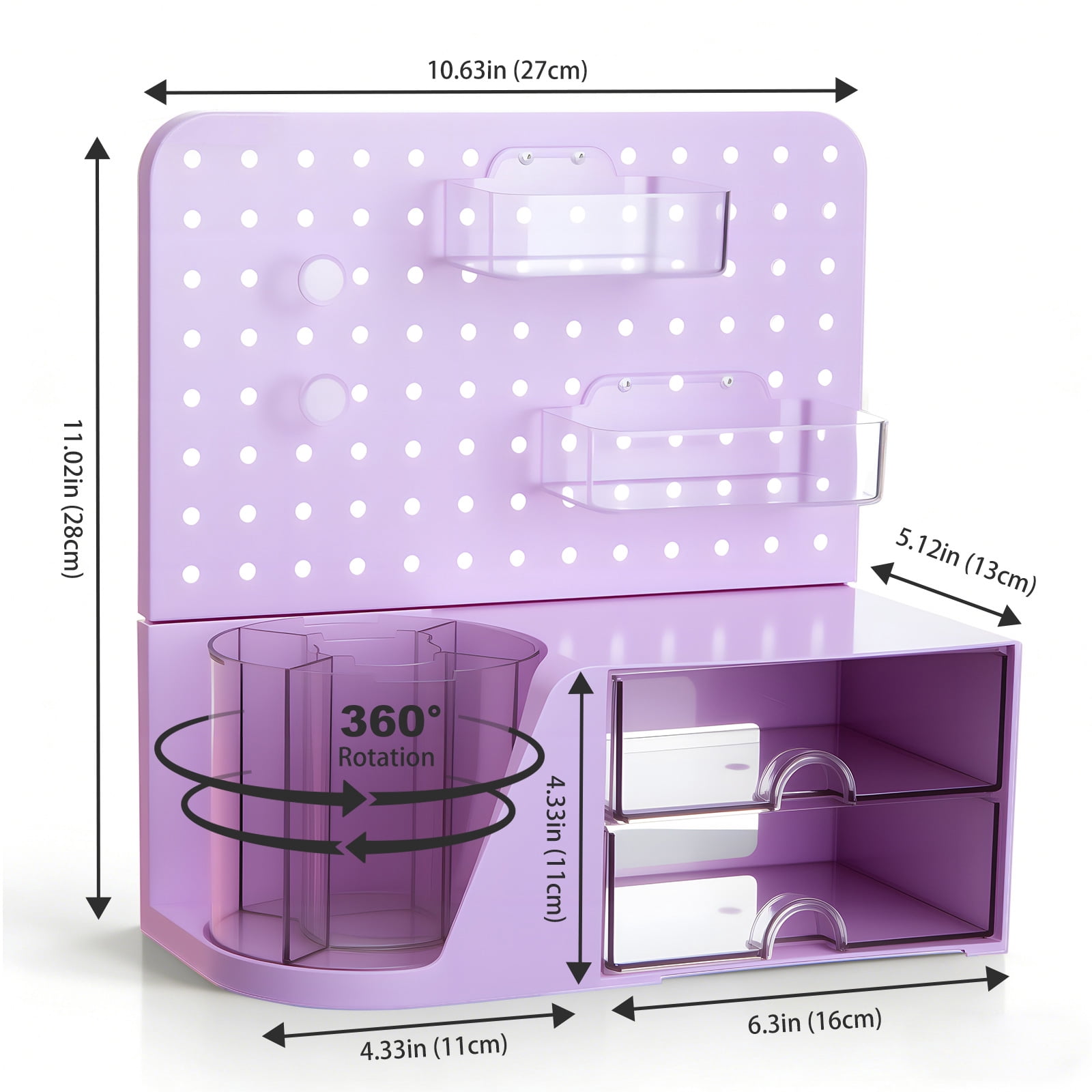 Vivin Desk Organizer, Small 2 Drawer Unit and Pen Holders, Multi-Purpose Pegboard organizer For Home Office, Purple