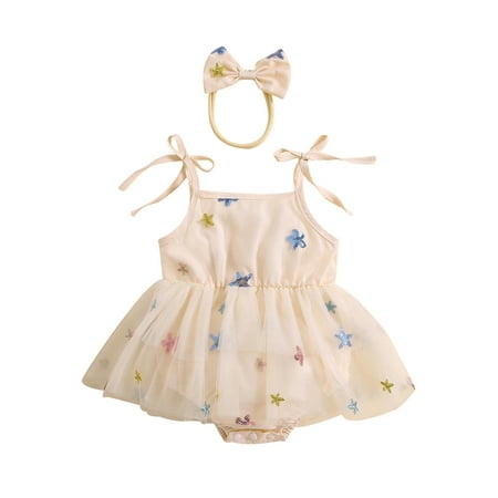 

Newborn Girl Outfit Tie-up Sleeveless Sequined Stars Romper Dress with Bow Hairband Summer Clothes For Baby Girls At 0 To 18 Months