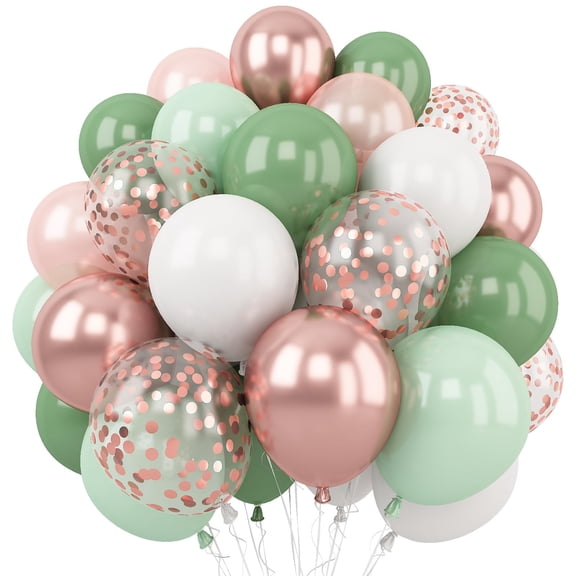 70Pcs 12 Inch Sage Green and Metallic Rose Gold Confetti Balloons, Retro Green White Balloons for Birthday Wedding Baby Shower Jungle Safari Party Decorations