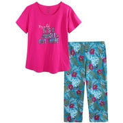 Women Cotton Pajamas Set Short Sleeve Top Capri Pants Sleepwear Plus Size S-3XL