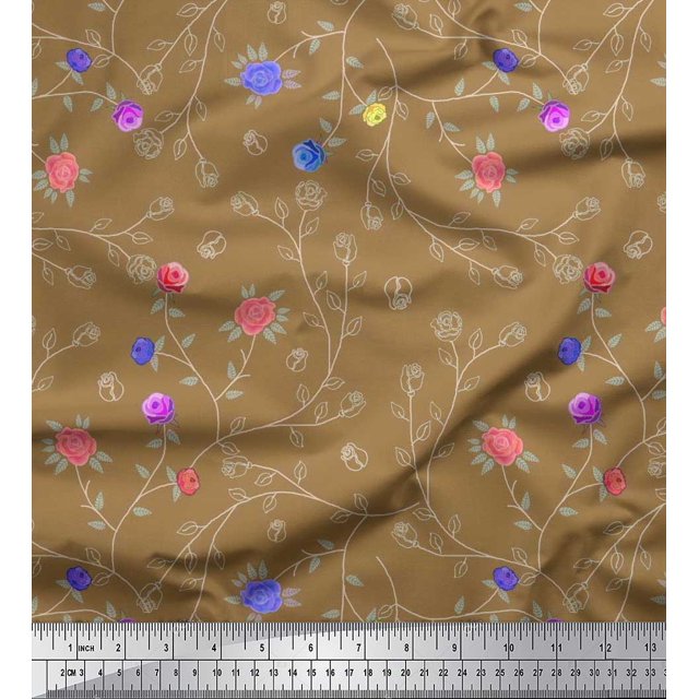 Soimoi Tissu Satin Soie Feuilles et Roses Imprimés Floraux au Mètre 42 Pouces de Large