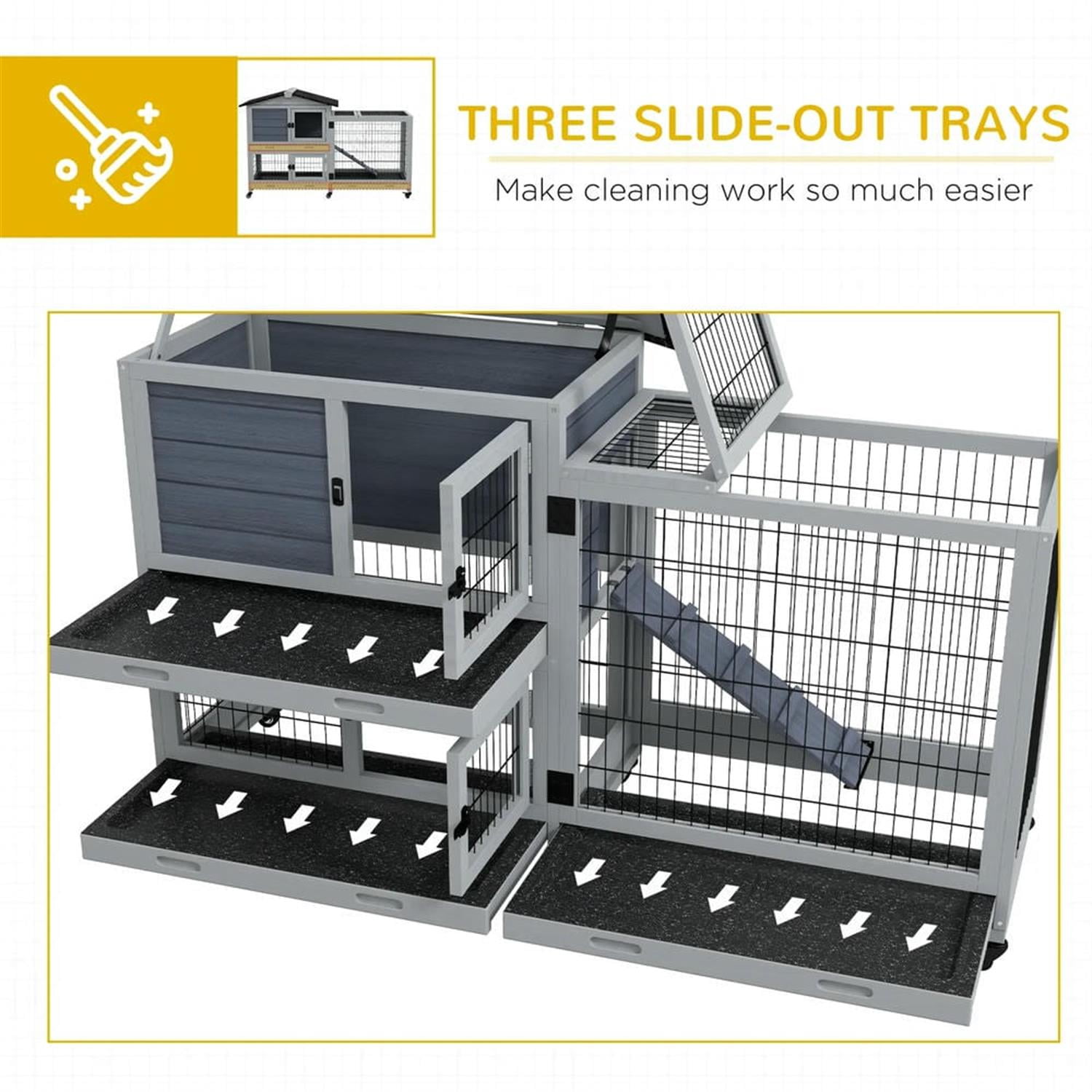 Kadyn 62" 2-tier Wooden Rabbit Hutch with Wheels and Slide-out Tray, Outdoor Small Animal Habitat Chicken Coop Bunny Cage for Bunnies, Guinea Pigs, Gray