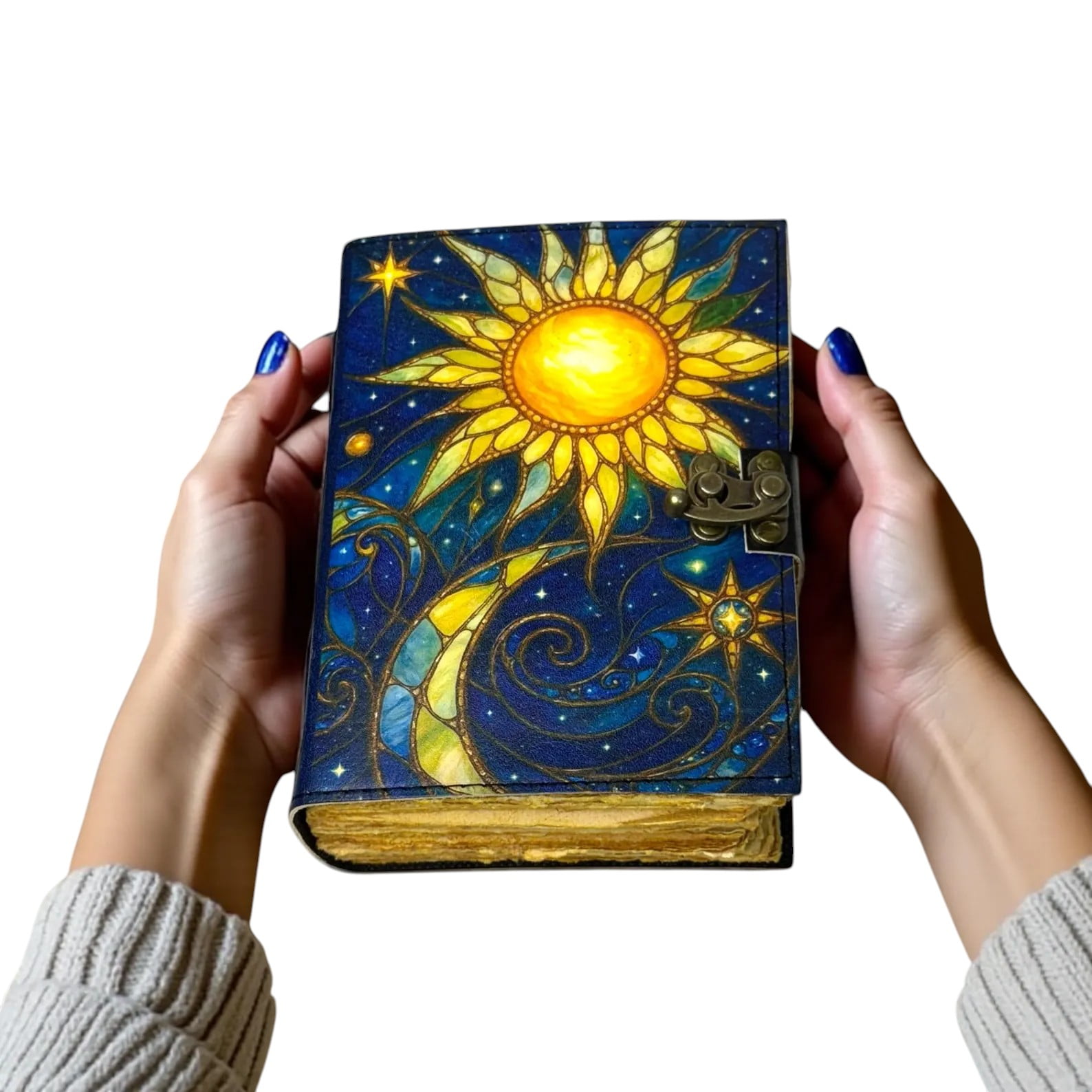 Handmade Leather Journal with Sun & Moon Artwork – 5x7 Inch Vintage Notebook with 200 Deckle Paper Pages, Antique Clasp, Handmade Writing Diary & Sketchbook