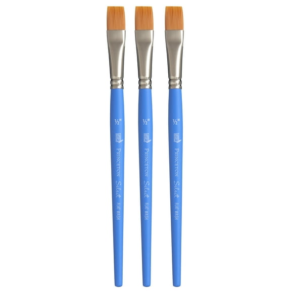 Princeton Select Artiste Flat Wash Brush, Synthetic Bristles, Short Handle Mixed Media Paintbrush, Jewel Blue, Size 1/2 inch, Pack of 3