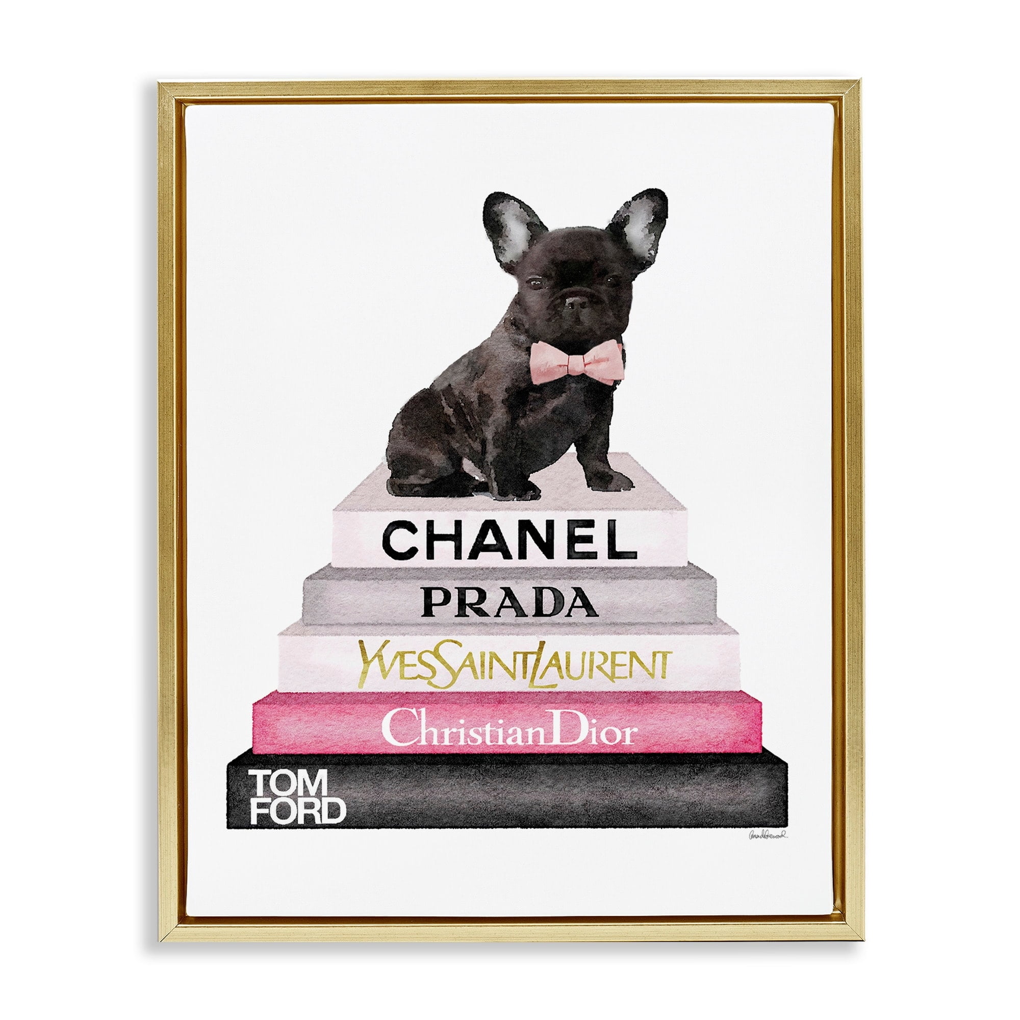 Stupell Industries Book Stack Fashion French Bulldog Metallic Gold Framed Floating Canvas Wall Art, 24x30, by Amanda Greenwood