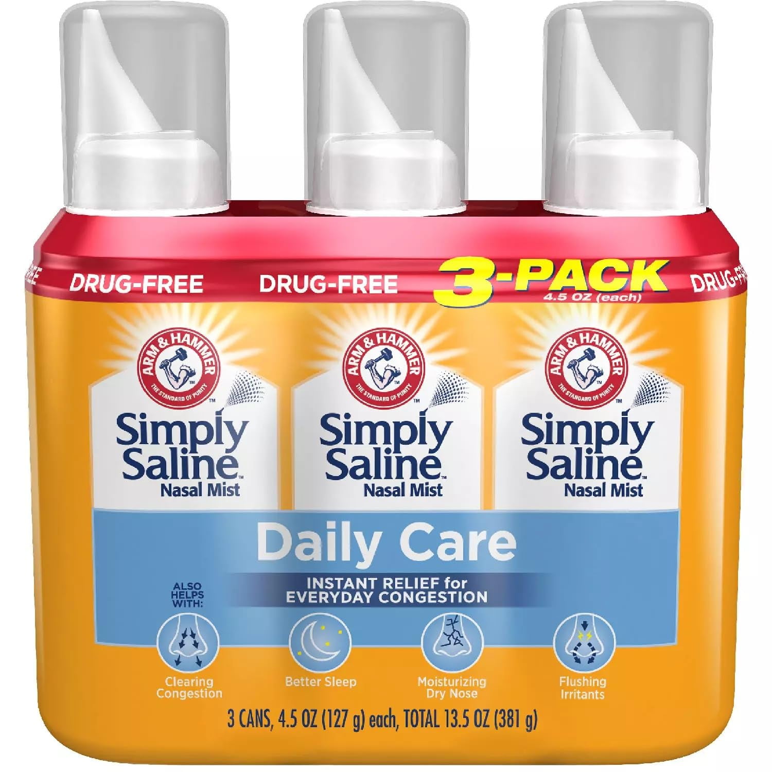 Arm & Hammer Simply Saline Nasal Mist Instant Relief for Everyday Congestion, 3 Pack Tray, 4.5 Oz