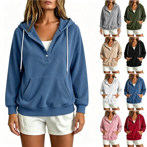 Hoodies for Women Button Drawstring Casual Loose Hooded Sweatshirts, Fall Fashion Solid Color Long Sleeve Pullover Tops with Pocket, Sizes S-XXL