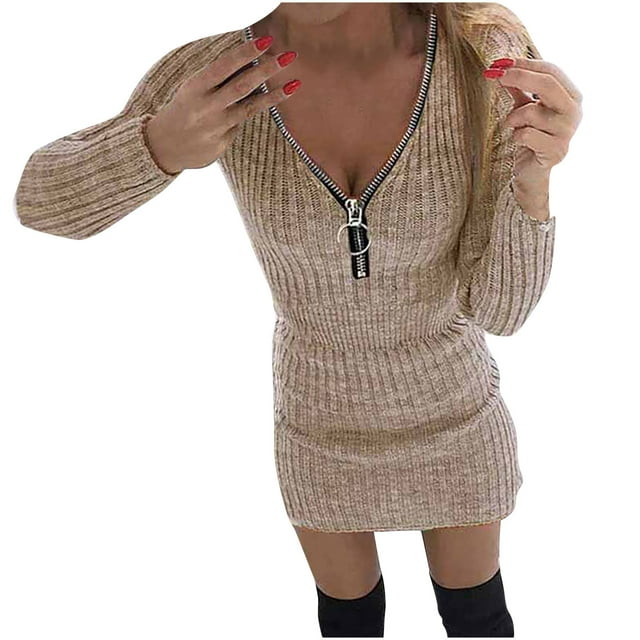 CEHVOM Robe Décontractée pour Femmes Couleur Unie à Fermeture Éclair Manches Longues Tricotée
